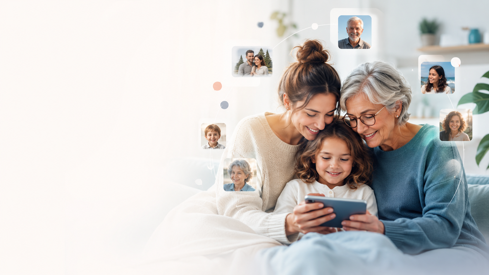 Trois générations regardant des souvenirs de famille sur une tablette